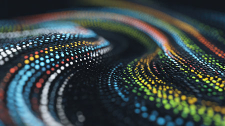 Abstract lines and multicolor dots forming a rhythmic pattern on dark backdrop, inspired by digital soundwavesの素材