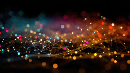 Abstract mesh of colorful angular lines and points creating a glowing web over blackの素材