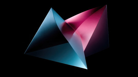 Angular D shapes in bright magenta and teal floating dynamically against black voidの素材