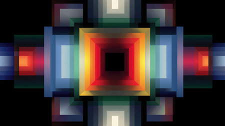 Bold geometric art with angular patterns and color transitions emerging from a central black voidの素材