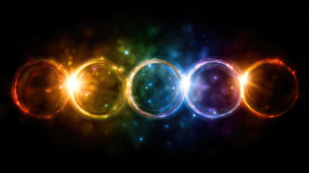 Abstract rings and orbs glowing in multiple colors with a soft halo on deep blackの素材