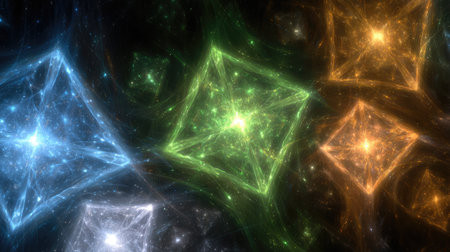 Fractal-style abstract patterns of vivid triangles and squares glowing on black backgroundの素材