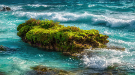 Moss-covered sea rock emerging from vibrant turquoise water under bright sunの素材