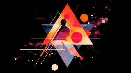 Colorful triangles and circles intersecting in a bold, energetic abstract design set against a deep black canvasの素材