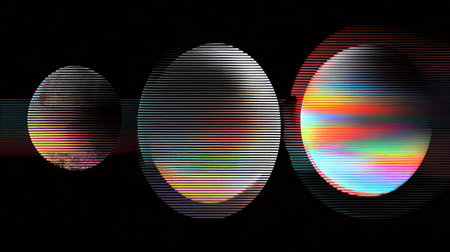 Modern abstract glitch-style shapes floating in black with a digital distortion effectの素材