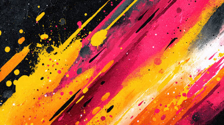 Splatter of neon shapes and gradients forming an energetic digital abstraction on blackの素材