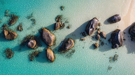 Top-down view of scattered rocks in a shallow turquoise sea with sandy seabed belowの素材