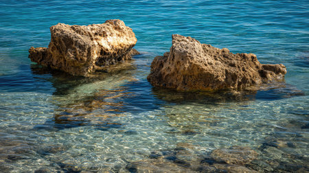 Rocks partially submerged in gentle sea water, creating a natural marine sculptureの素材