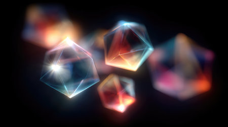 Randomly scattered colorful D polygons casting soft glows on a black backgroundの素材