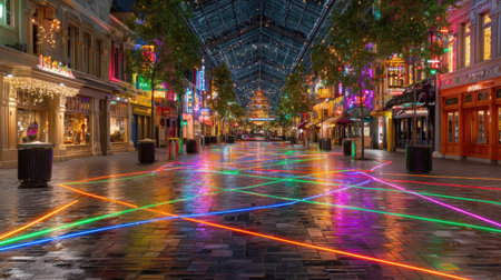 Neon-lit walkway under glass roof with changing light colors along the pathの素材