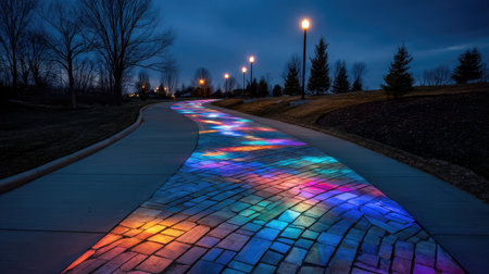 Path made from recycled glass tiles in vibrant colors forming a glowing routeの素材
