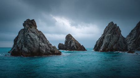 Volcanic rock rising out of blue waters under overcast skies with texture detail visibleの素材