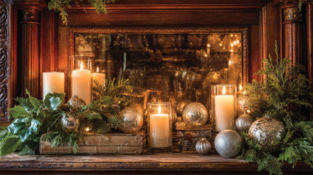 Christmas fireplace scene with candles, greenery, and light reflections on ornamentsの素材