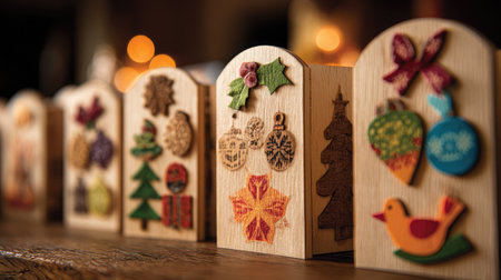 Advent calendar doors partially opened with festive symbols and miniature decorationsの素材