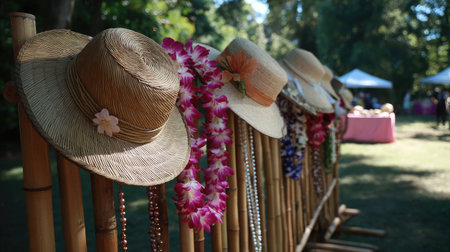 A collection of sun hats and floral leis hanging on a bamboo display at summer festの素材