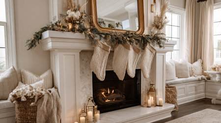 A cozy fireplace mantle adorned with garlands, stockings, and glowing Christmas lightsの素材