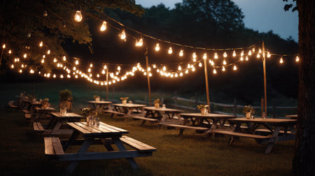 Brightly lit string lights hanging above picnic tables in an outdoor summer gardenの素材