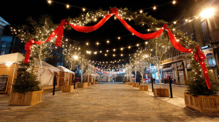 A festive archway covered in lights and red ribbons leading into a holiday fairgroundの素材
