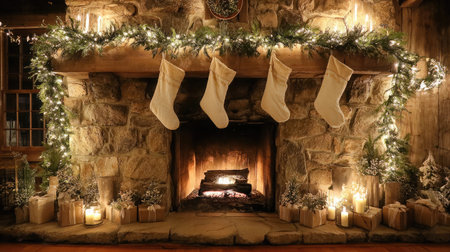 A cozy fireplace mantle adorned with garlands, stockings, and glowing Christmas lightsの素材