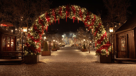 A festive archway covered in lights and red ribbons leading into a holiday fairgroundの素材