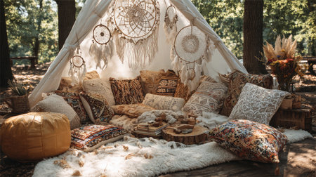 Boho-style tent with patterned pillows, rugs, and dreamcatchers at a summer festivalの素材