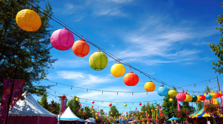 Brightly decorated summer festival grounds with colorful lanterns strung across a blue skyの素材