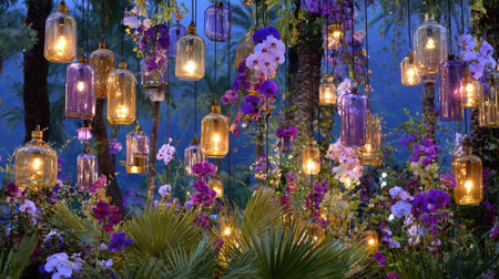 A view of hanging lights and tropical flowers swaying gently at duskの素材