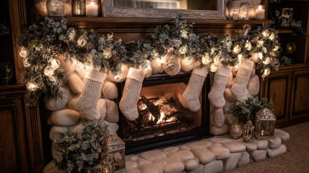 A cozy fireplace mantle adorned with garlands, stockings, and glowing Christmas lightsの素材