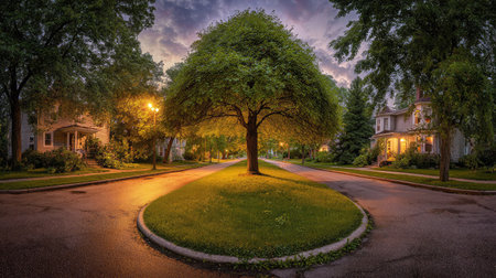 A long-exposure view of a tree-surrounded intersection with soft grass and curved sidewalksの素材