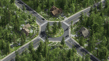 A peaceful junction in a forested suburb where four roads meet in harmony with natureの素材