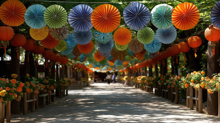 Hanging paper fans and colorful garlands above a walkway at a summer cultural festivalの素材