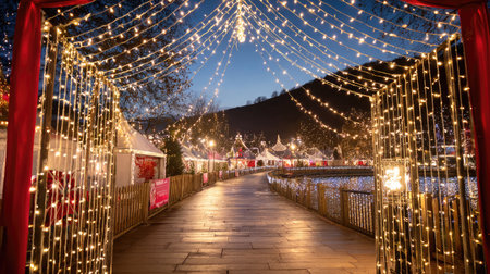 A festive archway covered in lights and red ribbons leading into a holiday fairgroundの素材