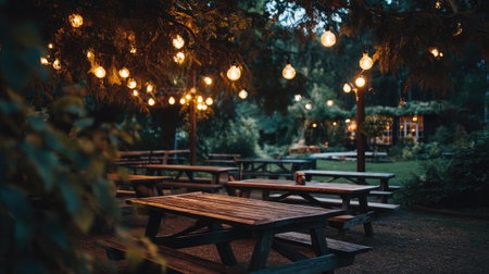 Brightly lit string lights hanging above picnic tables in an outdoor summer gardenの素材