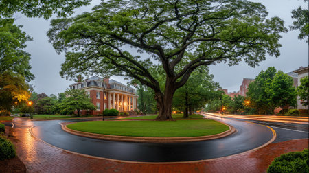 A long-exposure view of a tree-surrounded intersection with soft grass and curved sidewalksの素材