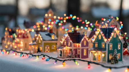Colorful Christmas lights strung across rooftops of snow-covered miniature housesの素材