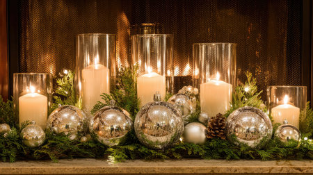 Christmas fireplace scene with candles, greenery, and light reflections on ornamentsの素材