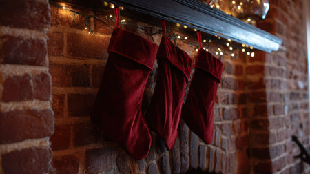 Classic red Christmas stockings hanging on a brick fireplace with fairy lights glowingの素材