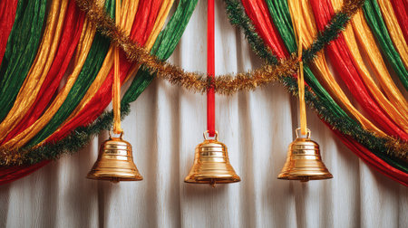 Decorative bells, ribbon, and glittering garland arranged on holiday-themed backdropの素材