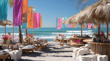 Beachside summer festival setup with thatched stalls and banners blowing in ocean breezeの素材