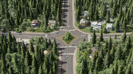 A peaceful junction in a forested suburb where four roads meet in harmony with natureの素材