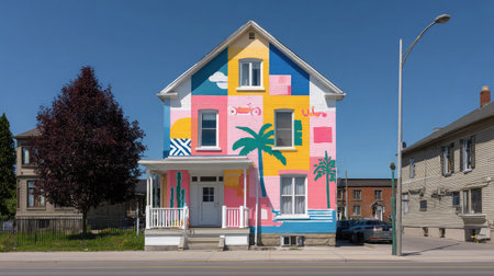 Bright street art mural of summer scenes featured at a cultural summer festivalの素材