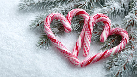 Candy canes forming heart shapes placed on top of snow-dusted pine branchesの素材