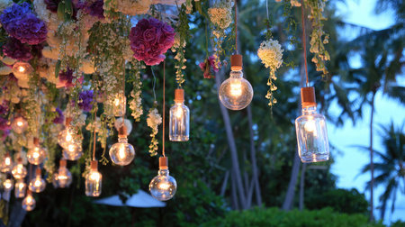 A view of hanging lights and tropical flowers swaying gently at duskの素材
