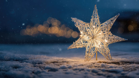 Bright Christmas star decoration glowing against a background of snowy night skyの素材