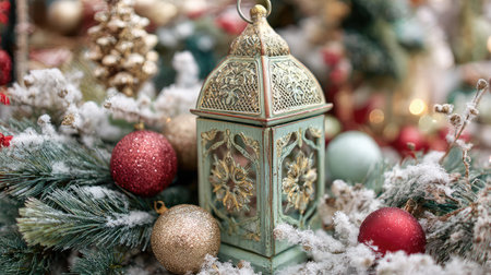 Decorative lantern surrounded by snow-covered pine branches and holiday ornamentsの素材