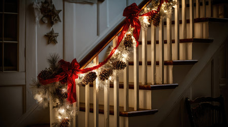 Garland-covered staircase with red ribbons, pinecones, and glowing lights wrapped around handrailの素材