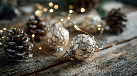 Close-up of Christmas ornaments and pinecones arranged with fairy lights on a rustic wooden tableの素材