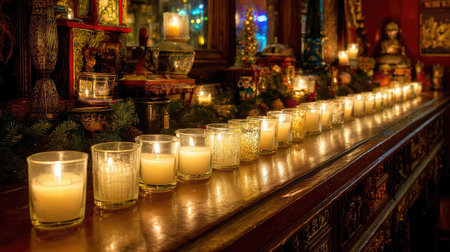 Rows of festive Christmas candles lit and lined up along a decorated wooden mantleの素材