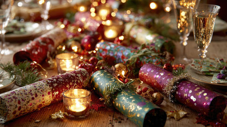 Christmas crackers and confetti spread across a wooden dining table with candlesの素材