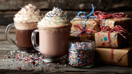 Holiday-themed hot chocolate with whipped cream and sprinkles beside wrapped presentsの素材